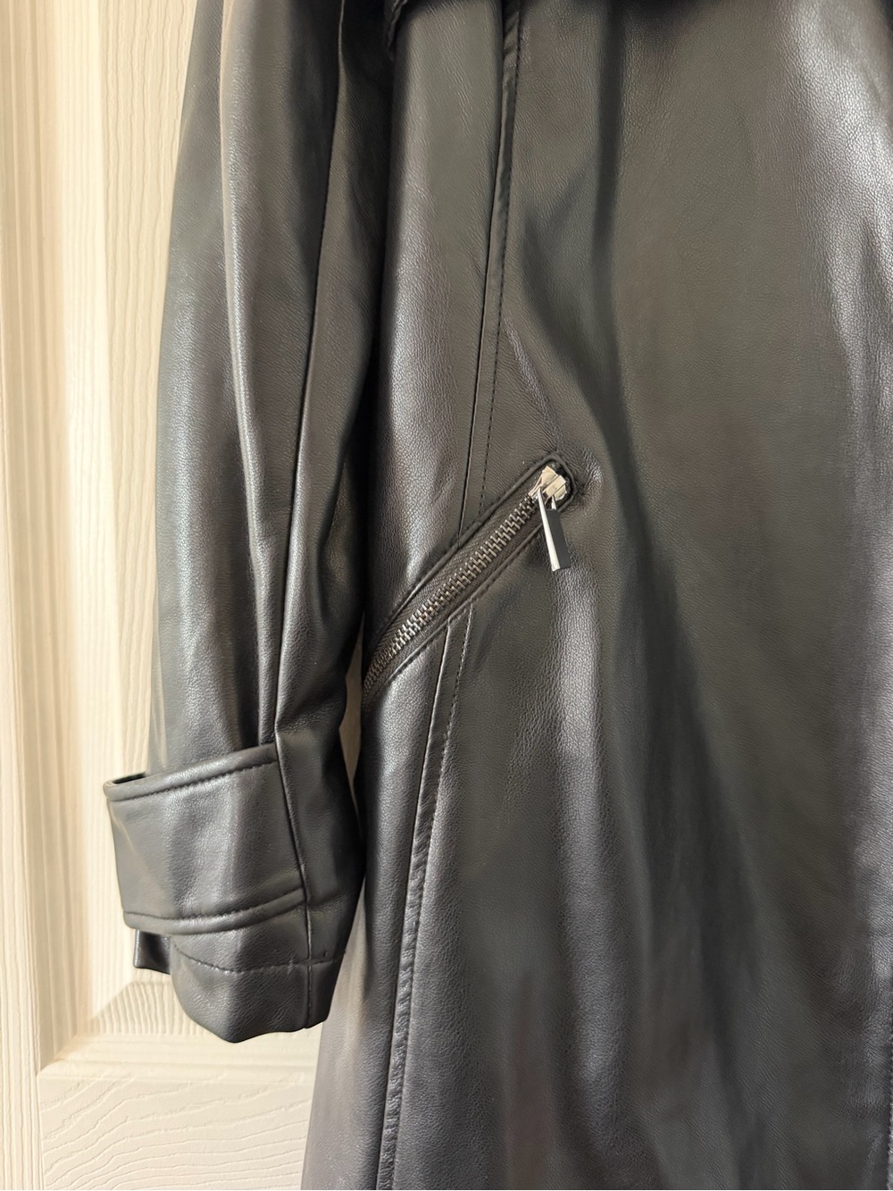 Black Faux Leather Trench Coat with Zip Pockets - Picture 3 of 4